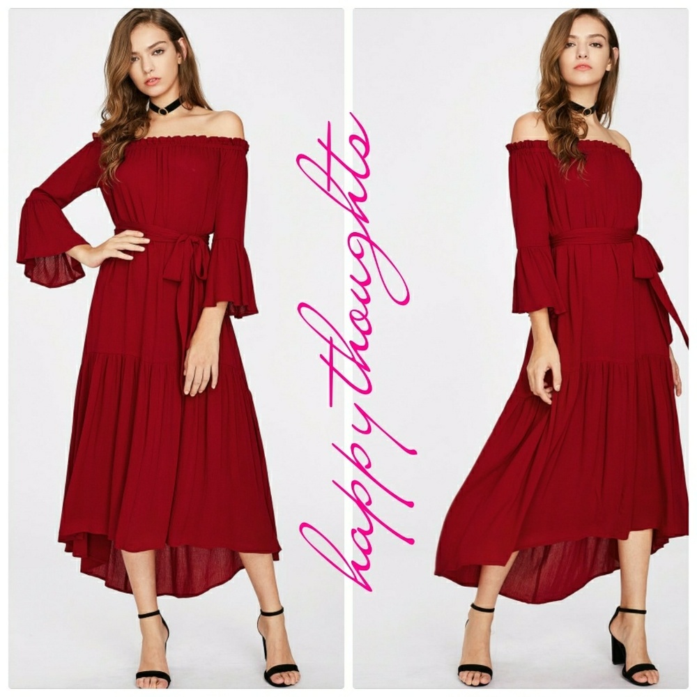 Burgundy Bohemian Bardot Dress